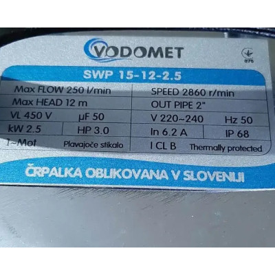 Насос із подрібнювачем дренажний занурювальний фекальний 2,5 кВт Vodomet SWP 15-12 для септику нержавіюча сталь Словенія